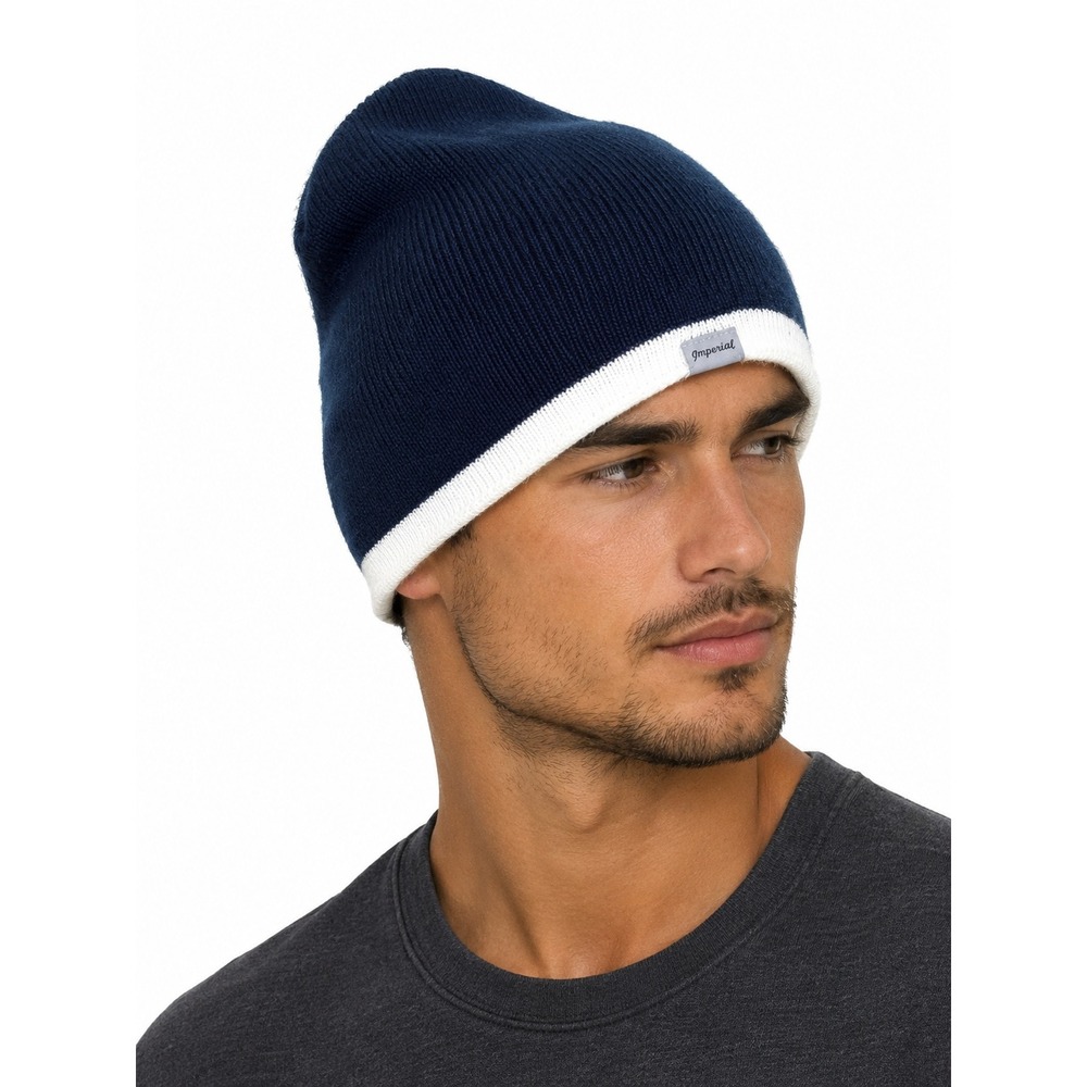 Imperial Navy Blue White Knit Beanie Hat Embroidered Golf Flag Logo